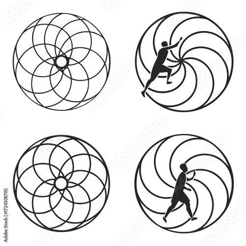 Abstract geometric circular patterns with silhouetted figures of people running and climbing within swirling vortex designs symbolizing progress and effort