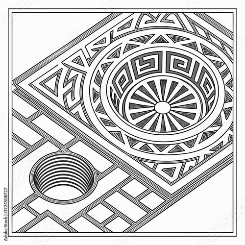 An intricate black and white optical illusion drawing featuring geometric patterns concentric circles and a maze like design with a deep circular hole