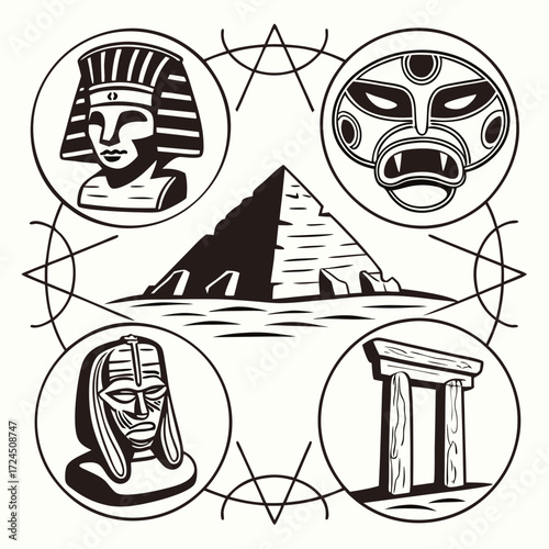 Ancient civilizations symbolism depicting egyptian pharaoh bust tribal mask ancient head sculpture and stone archway arranged around a central pyramid illustration
