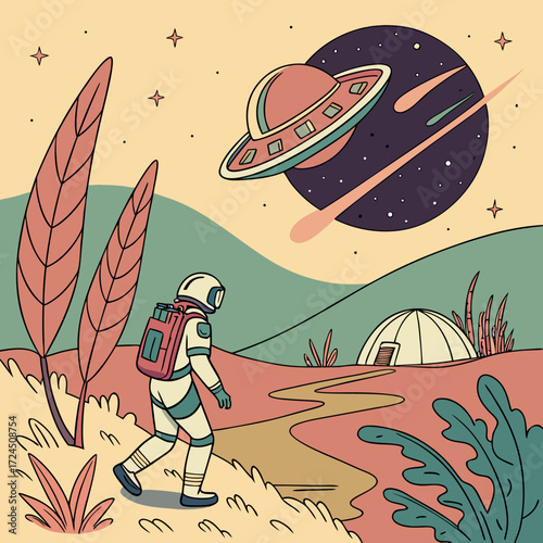 An astronaut walks on an alien planet towards a dome structure with a ufo flying in the starry sky above