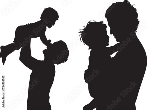 Silhouettes of happy parents lifting and holding their joyful children in loving embrace