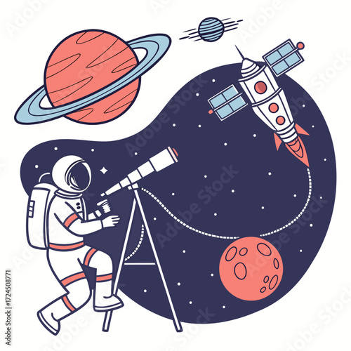 Astronaut exploring the cosmos with a telescope observing planets a rocket and stars in a whimsical stylized outer space scene with a dark blue background
