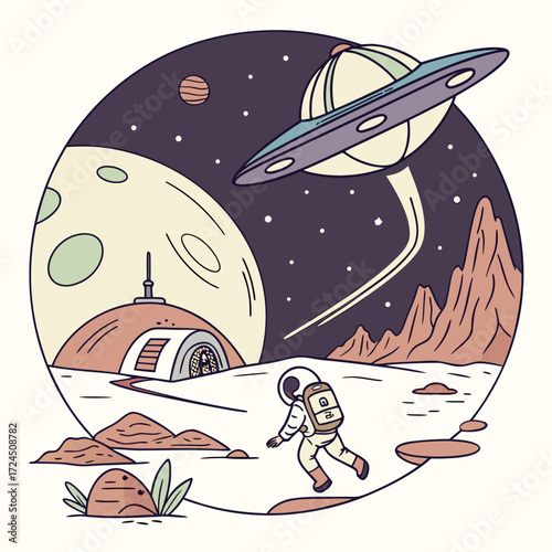 Astronaut exploring an alien planet with a moon and a ufo flying in the starry sky above a futuristic base
