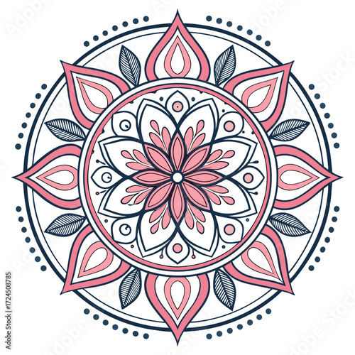 Beautiful intricate circular mandala design with delicate pink and navy blue floral patterns and leaf motifs on a white background perfect for meditation and yoga