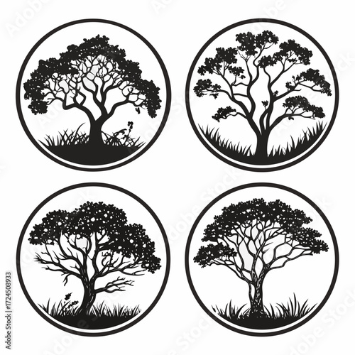Collection of four distinct black silhouette trees with detailed branches and foliage set within circular frames on a white background with grass at the base
