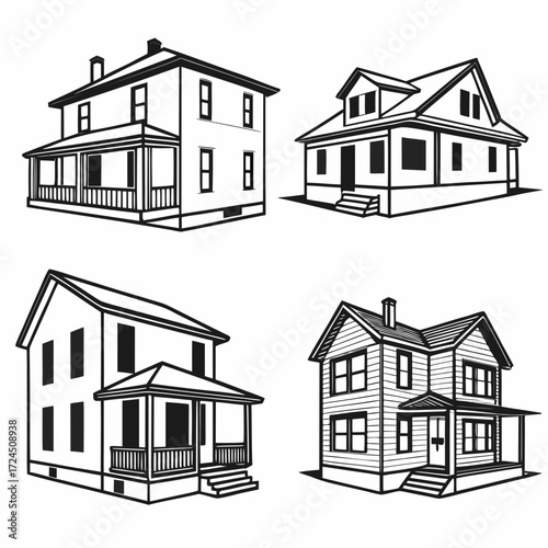 Collection of four distinct black and white line art illustrations of traditional american houses showcasing architectural variety and classic design elements