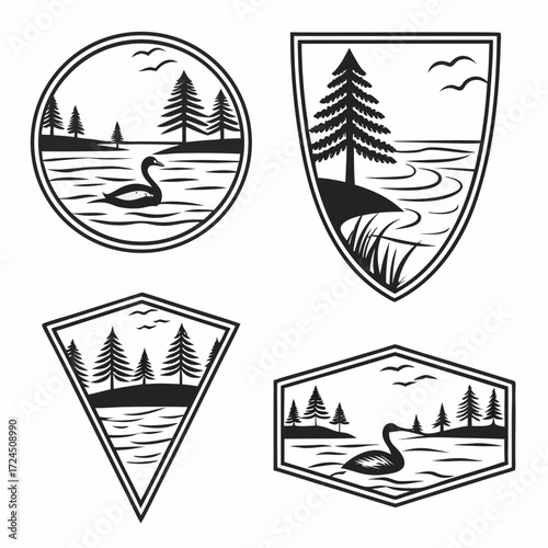 Collection of four stylized black and white emblems featuring serene lake scenes with pine trees water birds and a swan in circular shield triangular and hexagonal frames