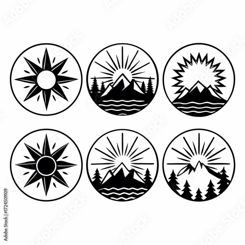 Collection of six circular black and white graphic design elements featuring compass roses and stylized mountain landscapes with sunbursts and pine trees