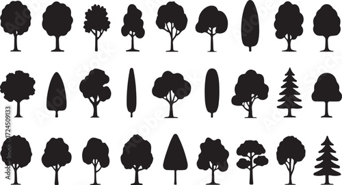 Collection of diverse tree silhouettes various shapes and sizes for natural design elements