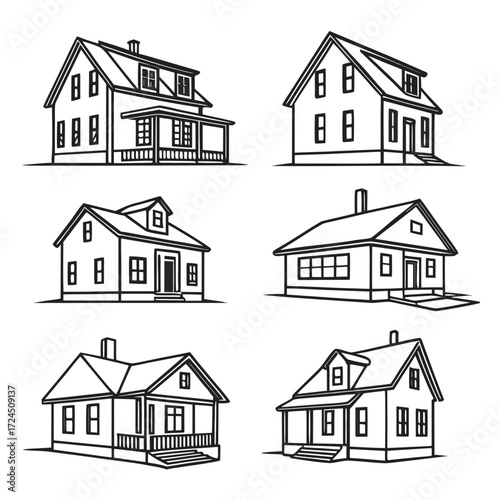 Collection of six different black and white line art illustrations of various residential house styles and architectural designs on a white background