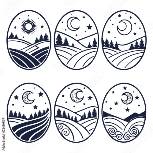 Collection of six oval shaped minimalist line art illustrations depicting serene landscapes with rolling hills pine trees and celestial bodies like the sun and moon under starry skies