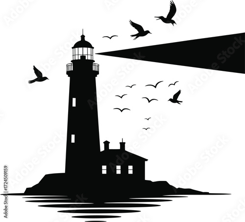 Dramatic lighthouse and birds over the ocean silhouette design
