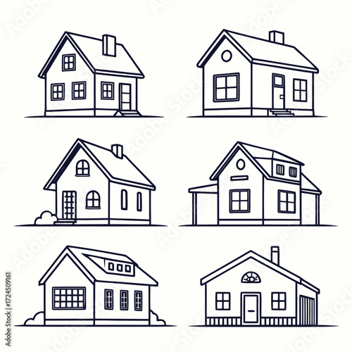 Collection of six simple line art illustrations of diverse residential houses and homes showcasing different architectural styles and roof designs perfect for real estate or construction concepts