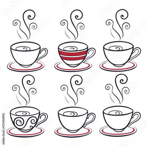 Collection of six stylized line art coffee cups with swirling steam and decorative patterns on saucers perfect for cafe menus and beverage branding