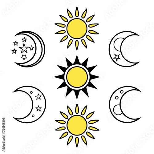 Collection of stylized sun and moon icons with stars and celestial bodies representing day and night cycles in a simple graphic design