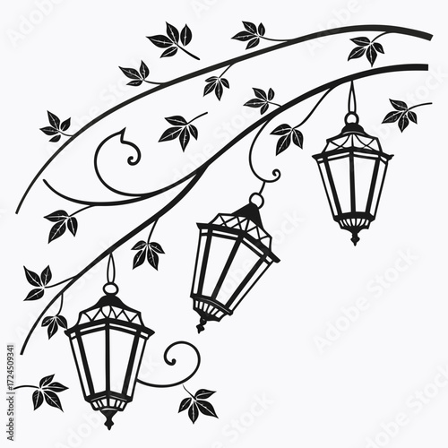 Decorative black silhouette of a tree branch with hanging lanterns and leaves creating an elegant and vintage outdoor lighting design