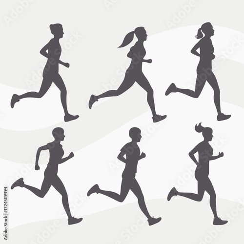 Diverse group of male and female runners in silhouette form captured mid stride showcasing dynamic movement and athletic activity against a subtle wavy background