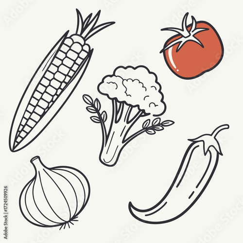 Hand drawn outline illustrations of fresh vegetables including corn broccoli tomato onion and chili pepper on a plain background