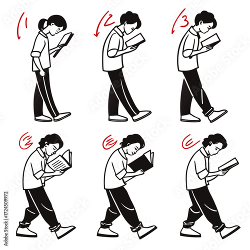 Illustration showing six different postures of people reading while walking demonstrating correct and incorrect body alignment and neck strain