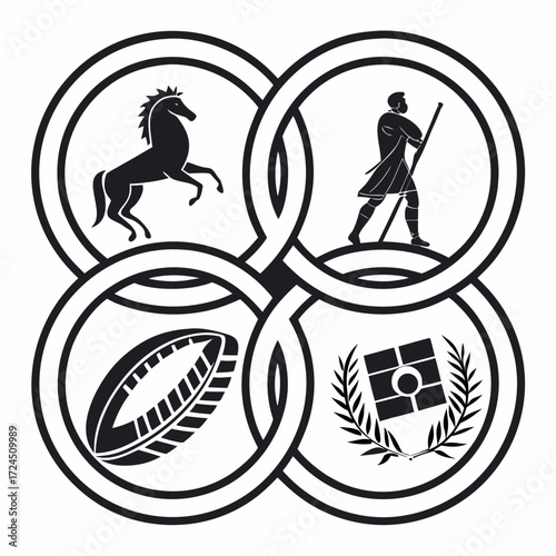 Interlocking circles featuring a rearing horse a walking man with a staff a rugby ball and a laurel wreath with a crest symbolizing unity and diverse achievements