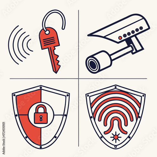 Security icons representing access control surveillance protection and biometric authentication in a clean modern design style
