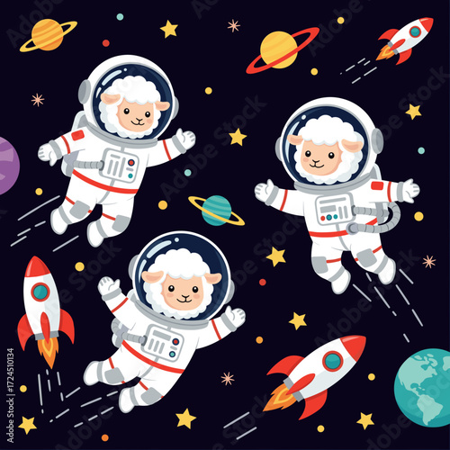 Three cute sheep astronauts floating in space with rockets planets and stars Whimsical adventure