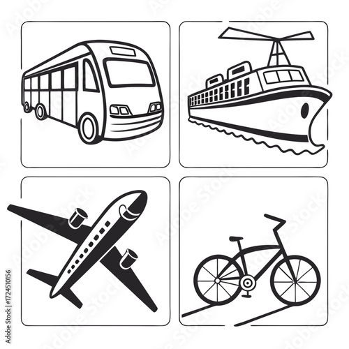 Set of four distinct transportation icons featuring a bus a ship an airplane and a bicycle presented in a clean minimalist black and white graphic style