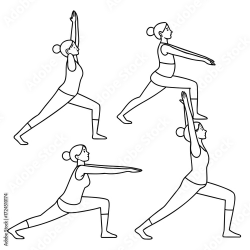 Set of four minimalist line art illustrations of women performing different yoga warrior poses on a white background