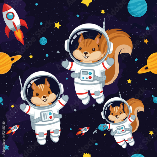 Three happy cartoon astronaut squirrels explore vibrant outer space with planets and rockets