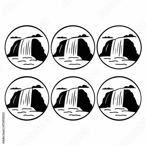 Six stylized black and white circular icons featuring a waterfall cascading over rocks into a body of water with clouds above