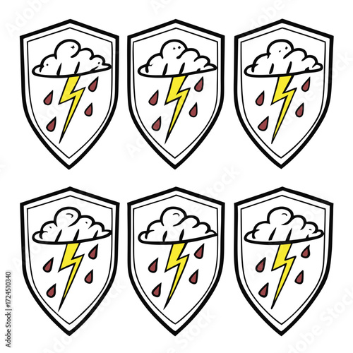 Six identical shield icons featuring a cartoon cloud with a yellow lightning bolt and dark red raindrops symbolizing stormy weather protection or a storm warning emblem