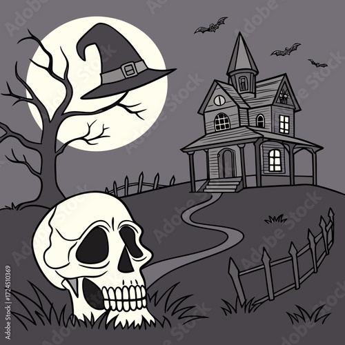 Spooky halloween scene with a haunted house full moon witch hat bats a bare tree and a skull in the foreground on a dark night
