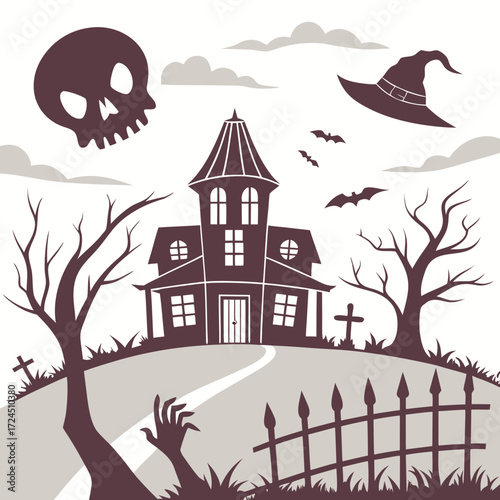 Spooky halloween scene with a haunted house skull bats witch hat bare trees graveyard and zombie hand emerging from the ground