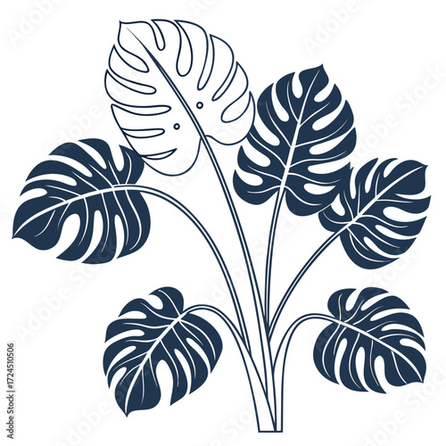 Stylized illustration of a monstera plant with large iconic split leaves in a dark blue silhouette against a clean white background representing tropical nature and modern decor