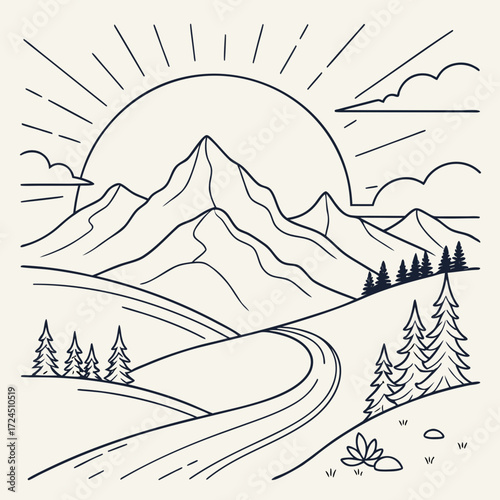 Stylized line art drawing of a majestic mountain range with a rising sun and a winding road leading through rolling hills and evergreen trees under a cloudy sky