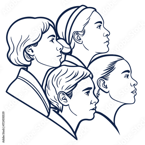 Stylized line art illustration depicting a diverse group of four individuals in profile view showcasing unity and shared vision