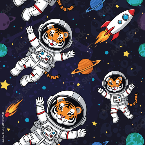 Happy cartoon tiger astronauts float in colorful outer space with planets stars and a rocket