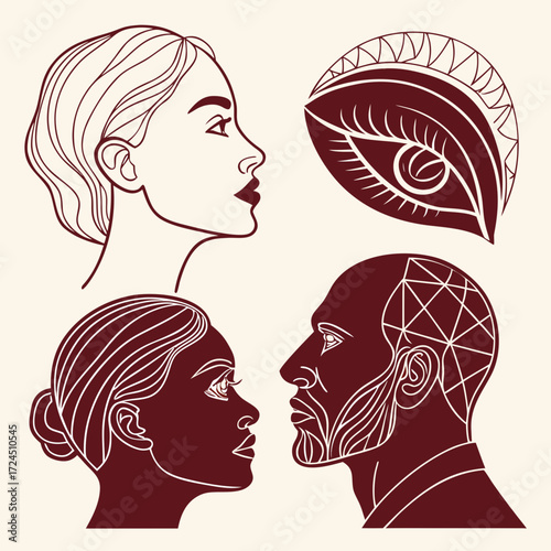 Stylized minimalist line art portraits of diverse individuals and an abstract eye symbol in profile against a neutral cream background
