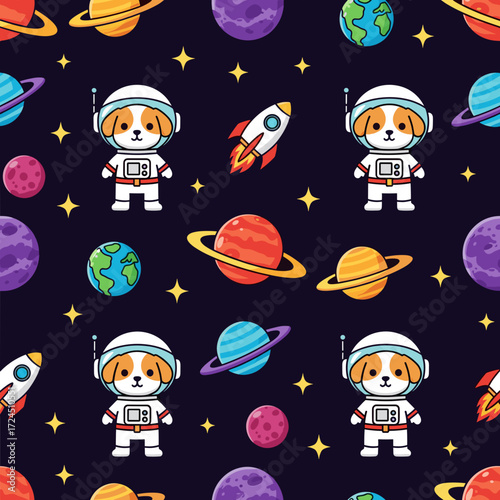 Cute astronaut dogs explore colorful planets and stars in a fun space adventure pattern