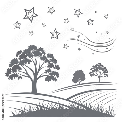 Stylized silhouette of rolling hills with grass and trees under a night sky filled with scattered stars and swirling lines representing wind or magic