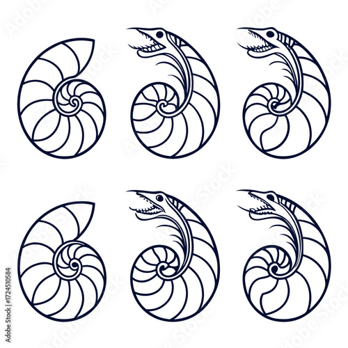 Stylized nautilus shell and serpent creature graphic design elements in a repeating pattern on a white background