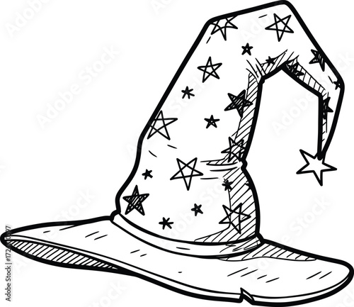 A black and white sketch of a wizard hat with stars and a drooping tip on a white background space filler