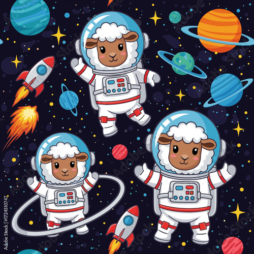 Adorable sheep astronauts explore outer space among planets stars and rockets Fun playful design for kids