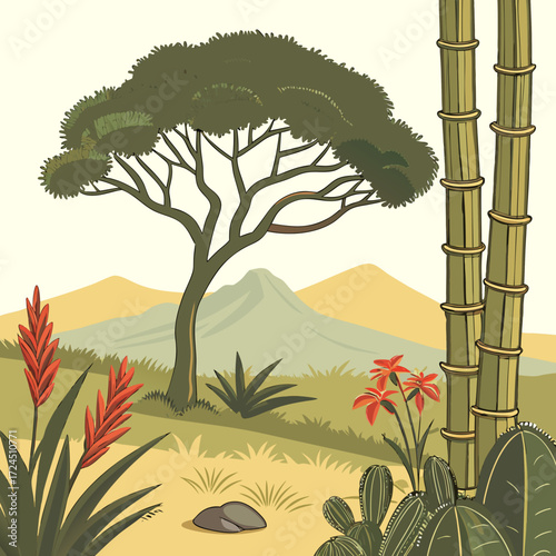Vibrant desert landscape illustration featuring a lone acacia tree tall bamboo stalks various cacti red desert flowers and distant rolling hills under a pale sky