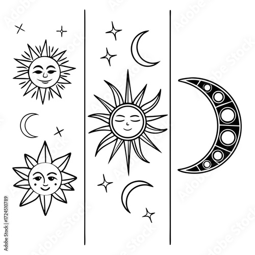 Whimsical hand drawn celestial icons featuring smiling suns crescent moons and sparkling stars isolated on white background for design elements