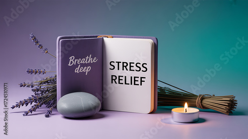 Stress relief setup with journal, lavender, candle, and stone on a gradient background