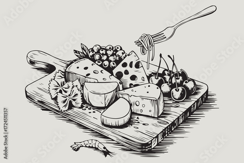 Hand drawn sketch of a delicious cheese board with fruits and utensils