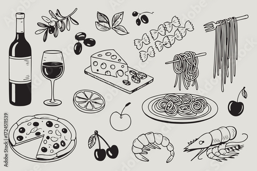 Hand drawn italian food and wine assortment delicious pizza pasta grapes and shrimp sketch