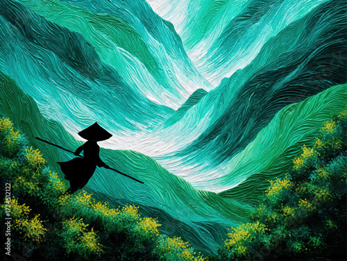 Asian Warrior Silhouette in Vibrant Green Mountain Landscape, Textured Acrylic Painting, Adventure Fantasy Art