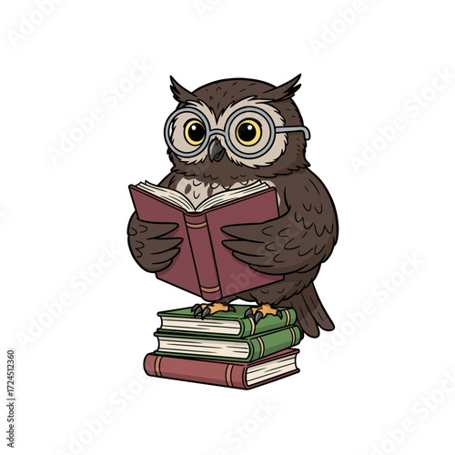 Cartoon owl wearing glasses, perched on a stack of books, reading.
